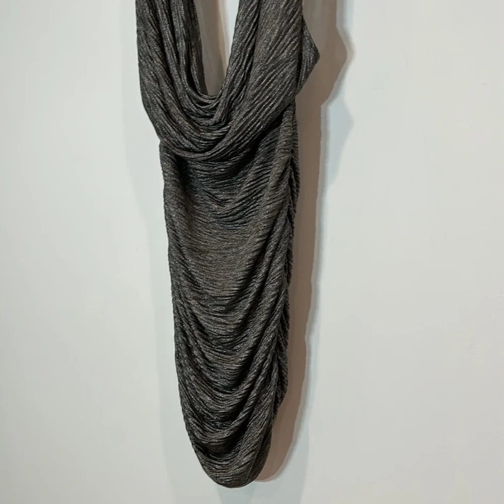 Plunging v neck rouched mini dress small metallic grey sexy lil halter dress